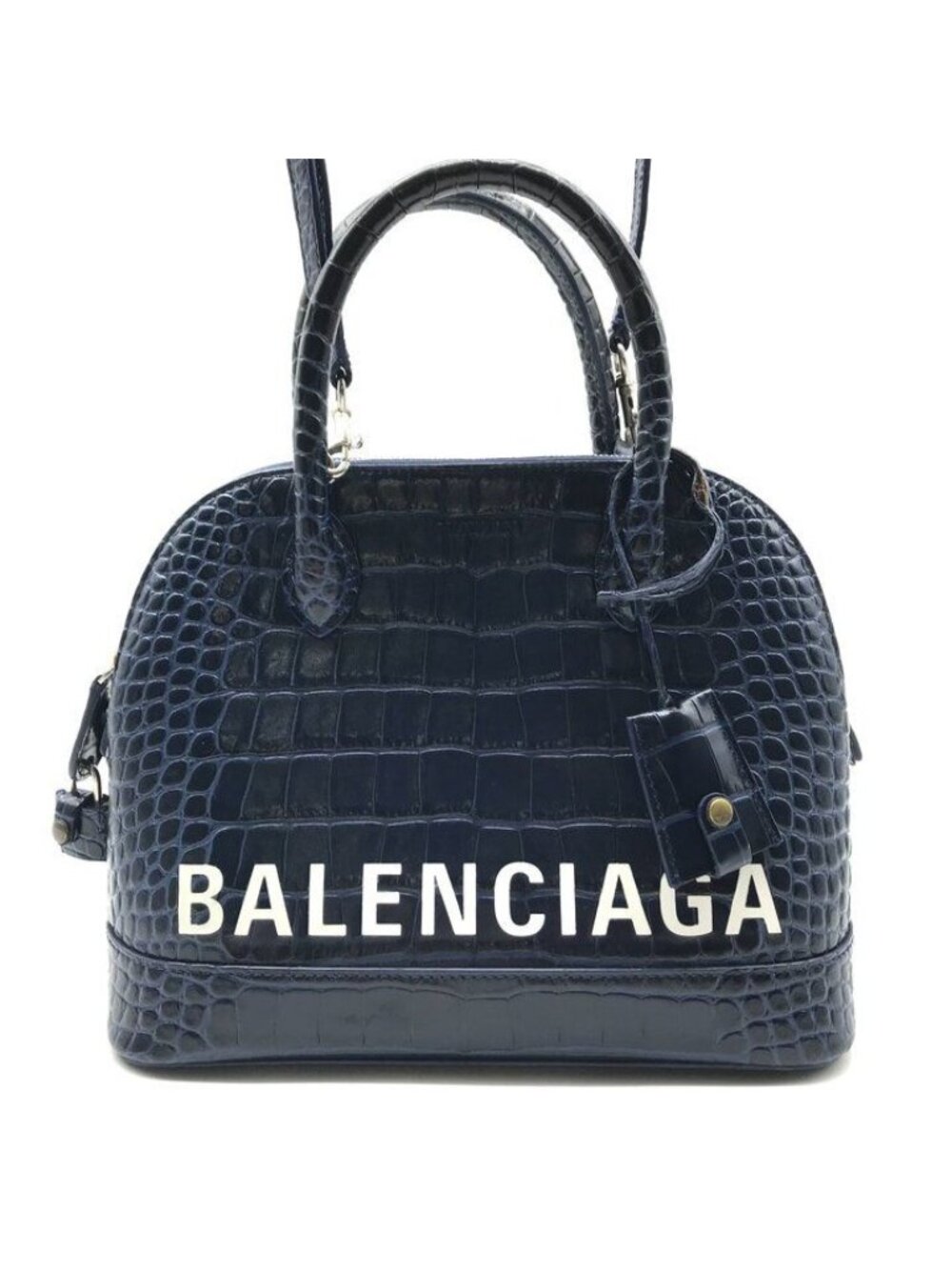 Balenciaga Croco Embossed Leather Logo Ville Top Handle 2-Way Bag Navy